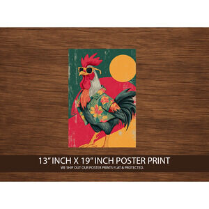 Hawaiian Rooster Poster Print 13x19 – Funny Chicken Art – Tropical Beach Wall